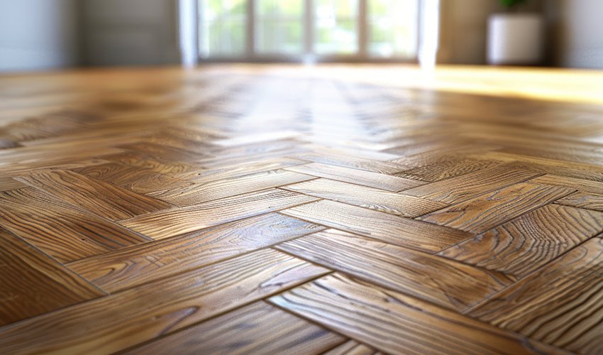 Parquetry, engineered click system oak wood flooring in a freshly renovated room.
