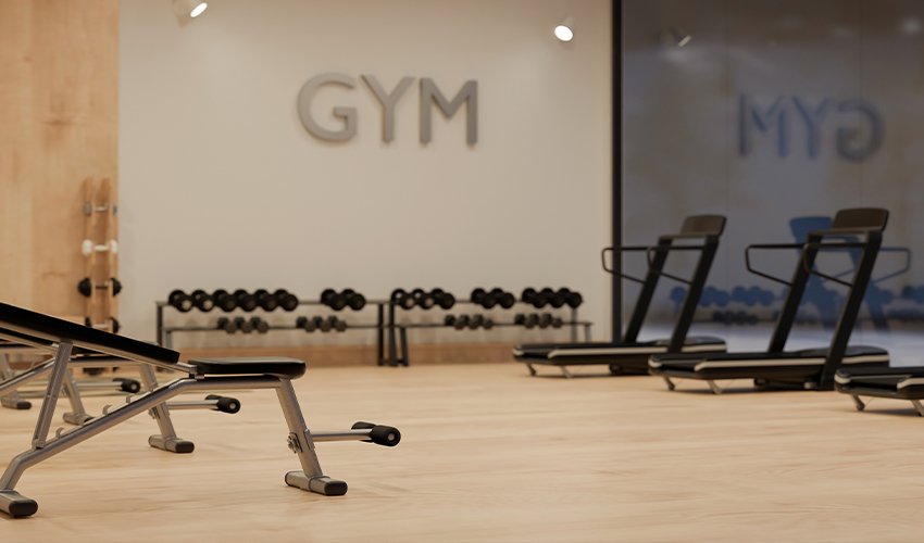 Modern fitness interior design with professional sport equipment, treadmill running machines on a wooden floor.