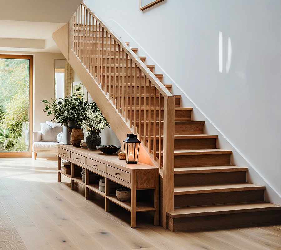 Staircase Over Cladding service installation and wooden staircase in home.